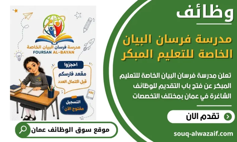 فرص عمل في مدرسة فرسان البيان الخاصة للتعليم المبكر في عمان
